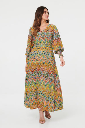 Green | Printed Long Sleeve Shirred Maxi Dress