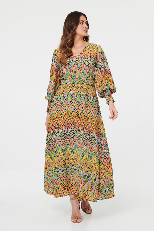 Green | Printed Long Sleeve Shirred Maxi Dress