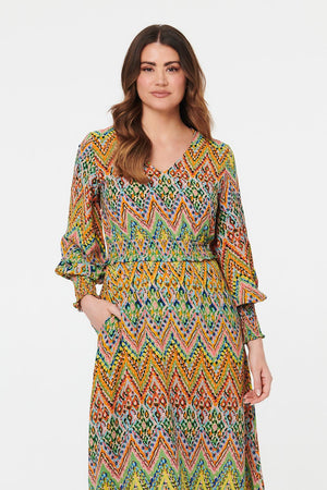 Green | Printed Long Sleeve Shirred Maxi Dress
