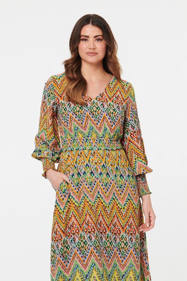 Green | Printed Long Sleeve Shirred Maxi Dress