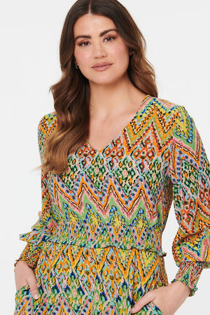 Green | Printed Long Sleeve Shirred Maxi Dress