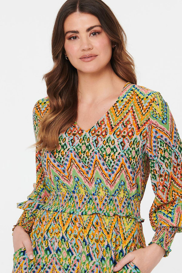 Green | Printed Long Sleeve Shirred Maxi Dress