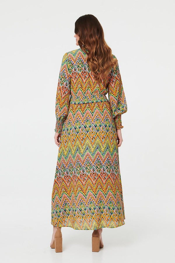 Green | Printed Long Sleeve Shirred Maxi Dress