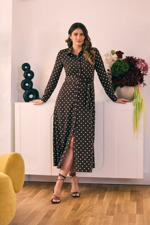 Brown | Polka Dot Tie Waist Maxi Shirt Dress : Model is 5'9