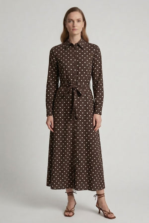 Brown | Polka Dot Tie Waist Maxi Shirt Dress