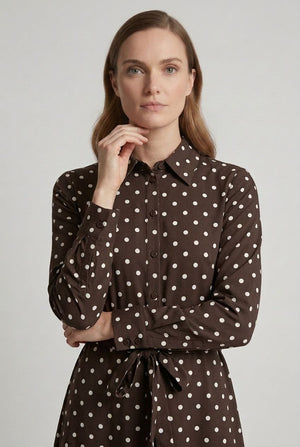 Brown | Polka Dot Tie Waist Maxi Shirt Dress
