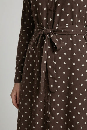 Brown | Polka Dot Tie Waist Maxi Shirt Dress