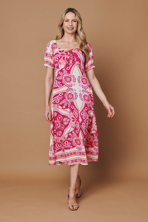 Pink | Printed A-Line Puff Sleeve Midi Dress