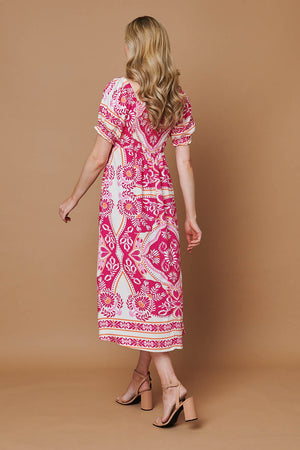 Pink | Printed A-Line Puff Sleeve Midi Dress
