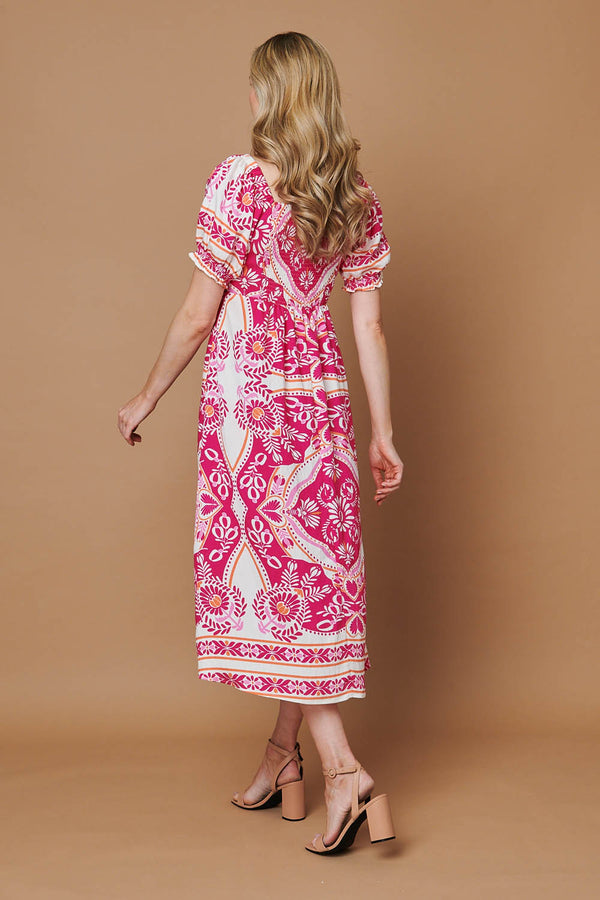 Pink | Printed A-Line Puff Sleeve Midi Dress