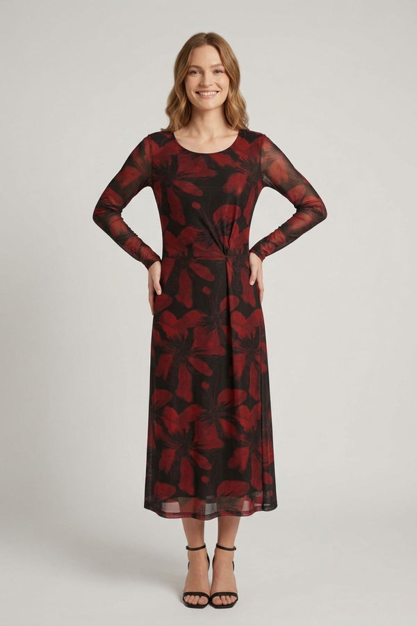 Black | Floral Sheer Layered A-Line Midi Dress