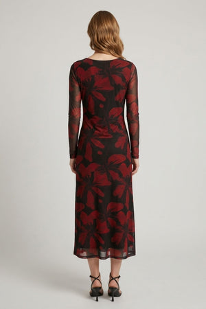 Black | Floral Sheer Layered A-Line Midi Dress