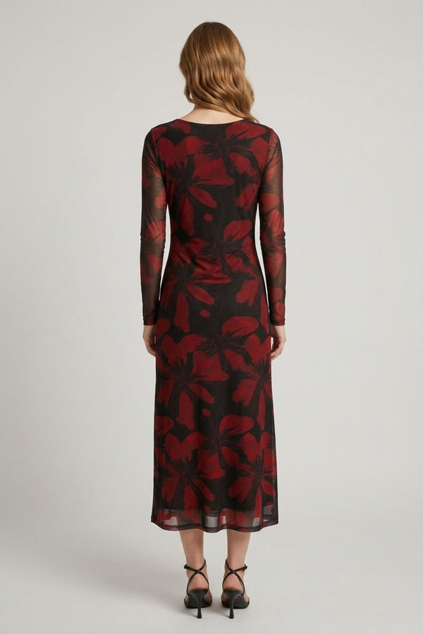 Black | Floral Sheer Layered A-Line Midi Dress
