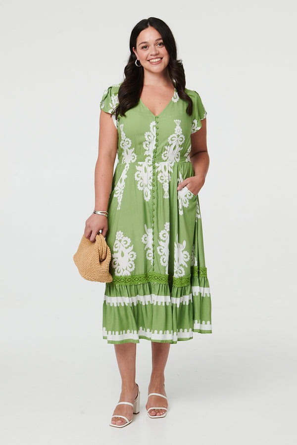 Green | Curve Printed Cap Sleeve Midi Dress
