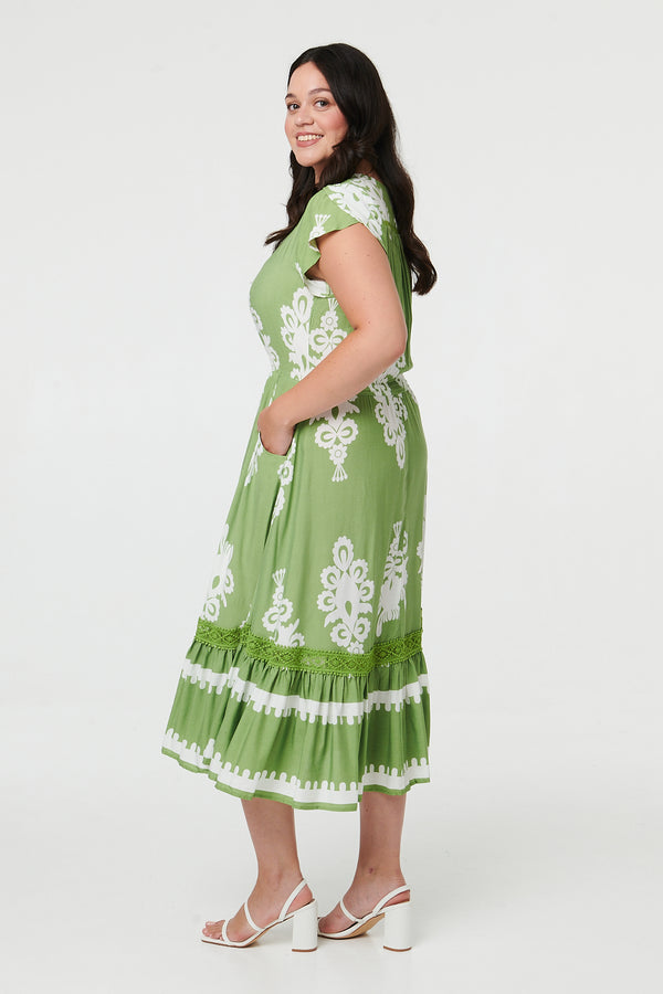 Green | Curve Printed Cap Sleeve Midi Dress
