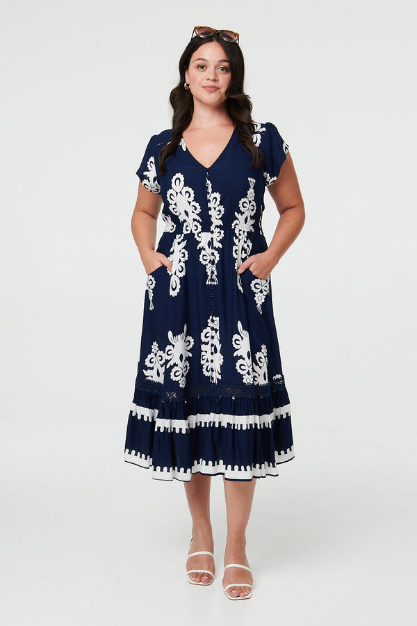 Navy | Curve Printed Cap Sleeve Midi Dress
