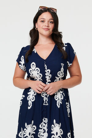 Navy | Curve Printed Cap Sleeve Midi Dress
