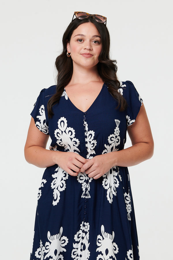 Navy | Curve Printed Cap Sleeve Midi Dress
