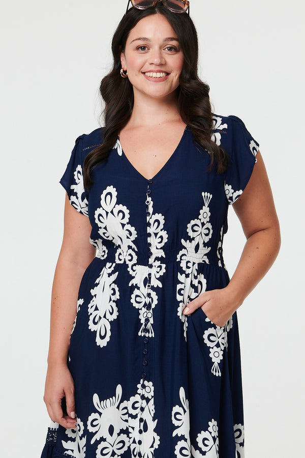 Navy | Curve Printed Cap Sleeve Midi Dress
