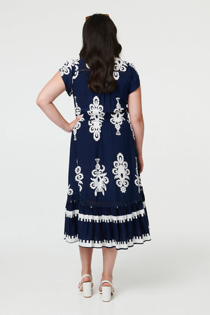 Navy | Curve Printed Cap Sleeve Midi Dress
