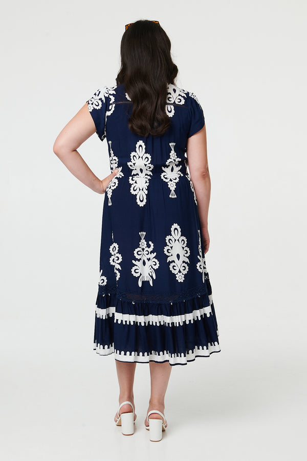 Navy | Curve Printed Cap Sleeve Midi Dress
