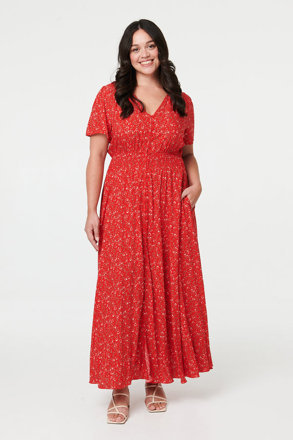 Red | Curve Ditsy Floral A-Line Maxi Dress
