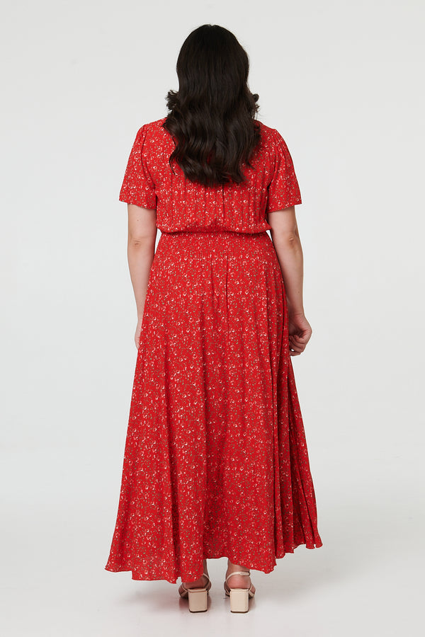Red | Curve Ditsy Floral A-Line Maxi Dress
