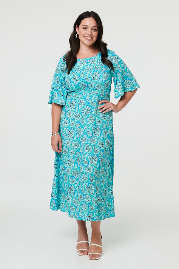 Green | Curve Floral 1/2 Flare Sleeve Midi Dress
