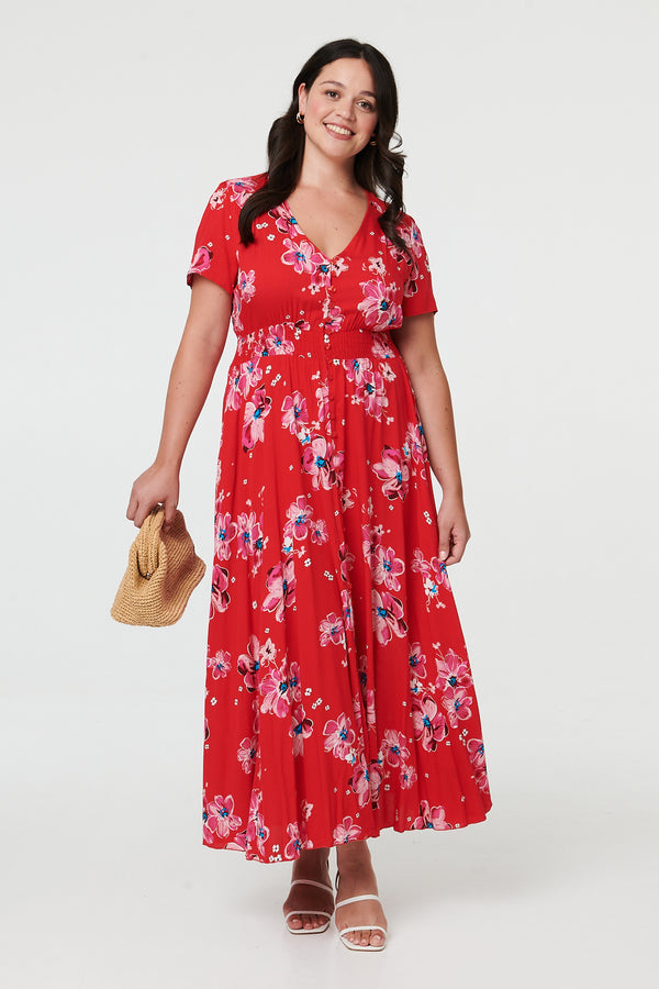 Red | Curve Floral Short Sleeve Maxi Dress
