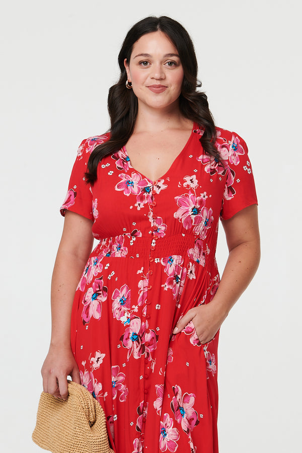 Red | Curve Floral Short Sleeve Maxi Dress
