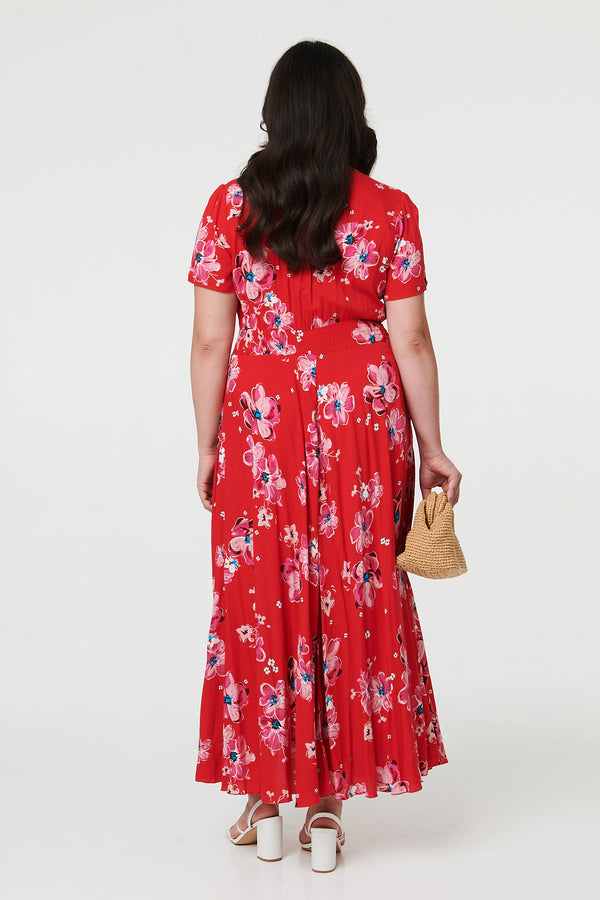 Red | Curve Floral Short Sleeve Maxi Dress
