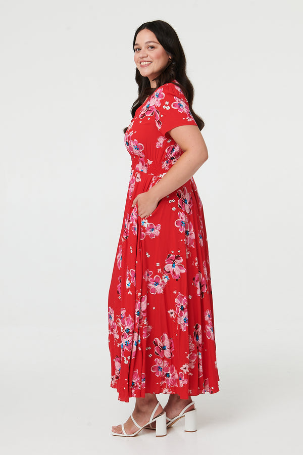 Red | Curve Floral Short Sleeve Maxi Dress
