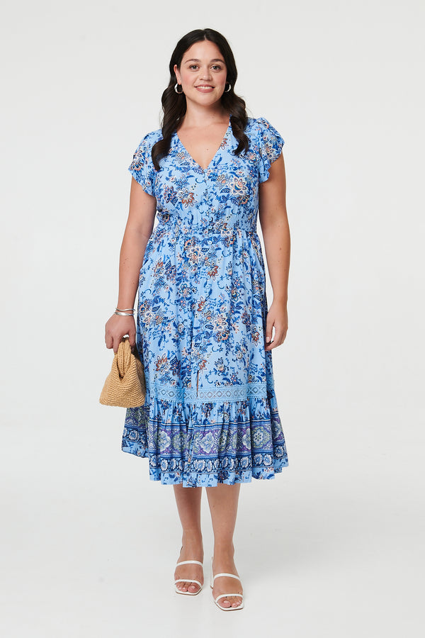 Blue | Curve Floral Cap Sleeve Lace Midi Dress
