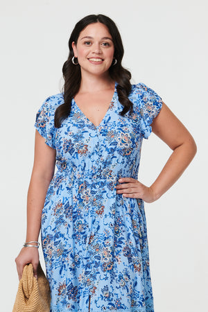 Blue | Curve Floral Cap Sleeve Lace Midi Dress
