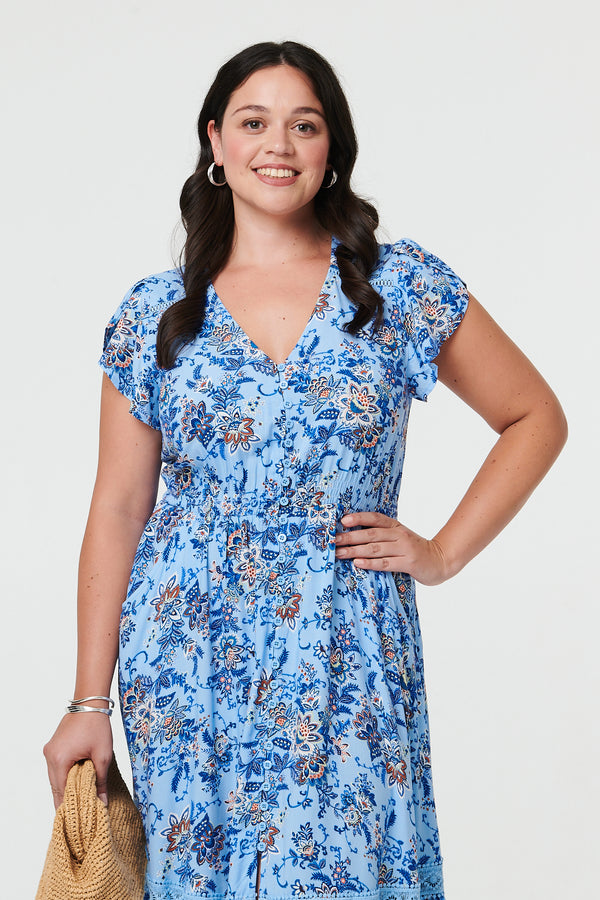 Blue | Curve Floral Cap Sleeve Lace Midi Dress
