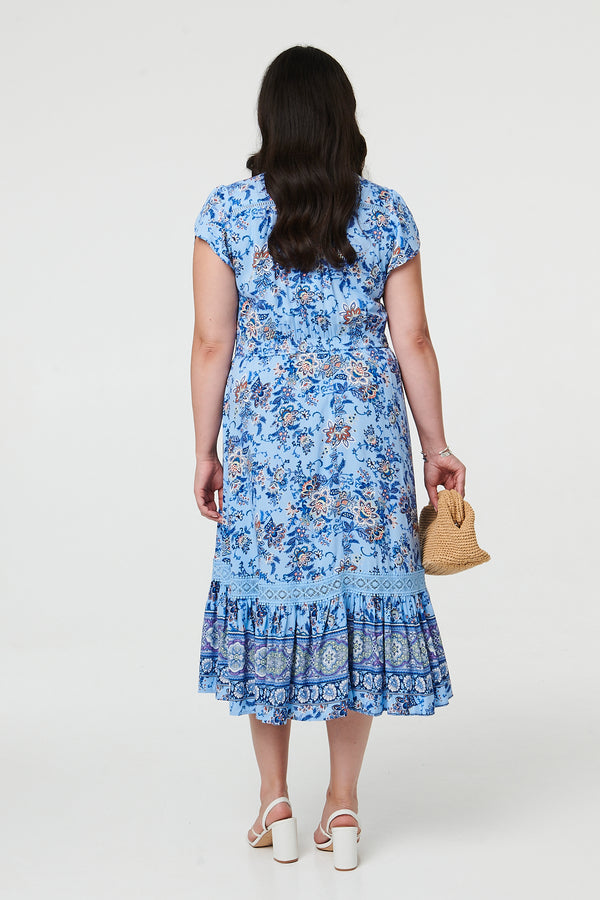 Blue | Curve Floral Cap Sleeve Lace Midi Dress
