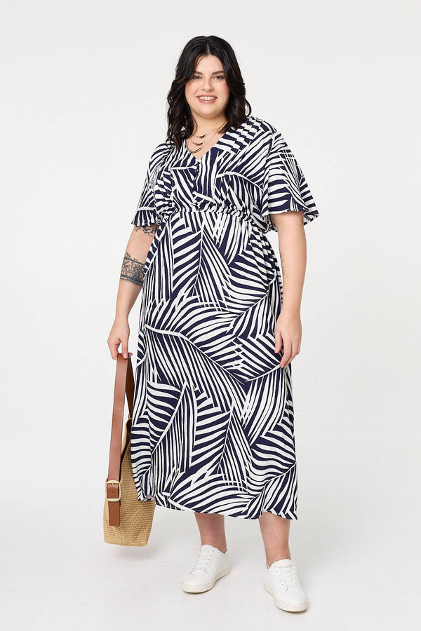 Navy | Curve Leaf Print Short Sleeve Midi Dress
