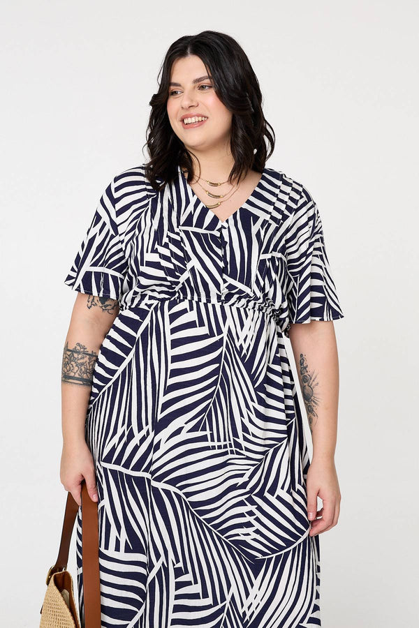 Navy | Curve Leaf Print Short Sleeve Midi Dress