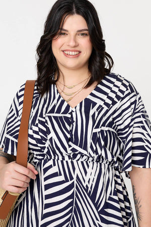 Navy | Curve Leaf Print Short Sleeve Midi Dress