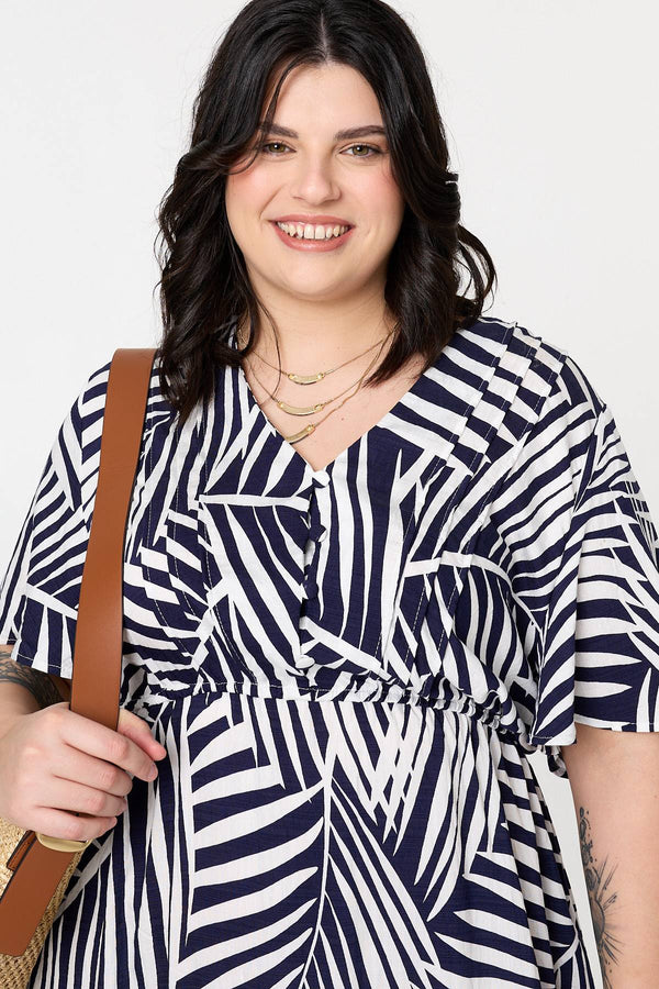 Navy | Curve Leaf Print Short Sleeve Midi Dress