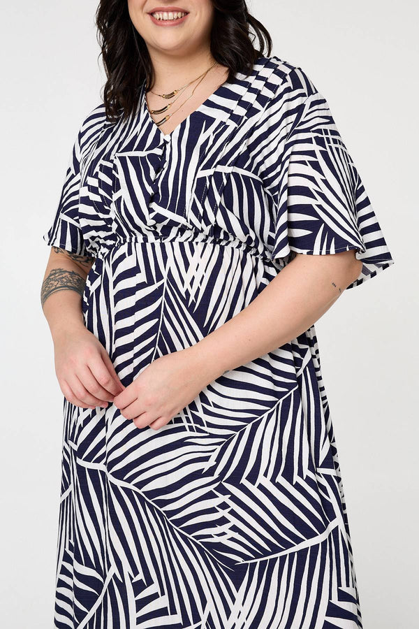 Navy | Curve Leaf Print Short Sleeve Midi Dress