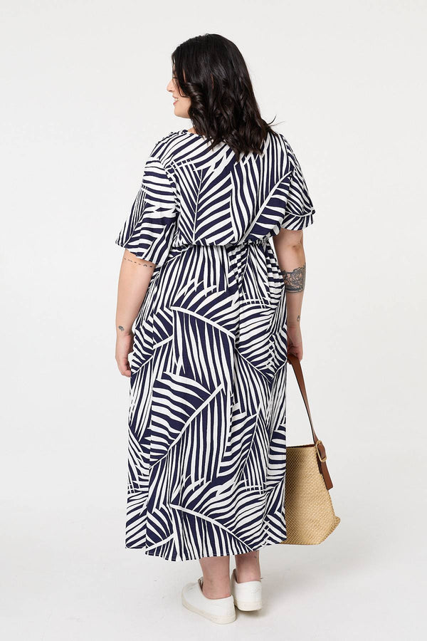 Navy | Curve Leaf Print Short Sleeve Midi Dress