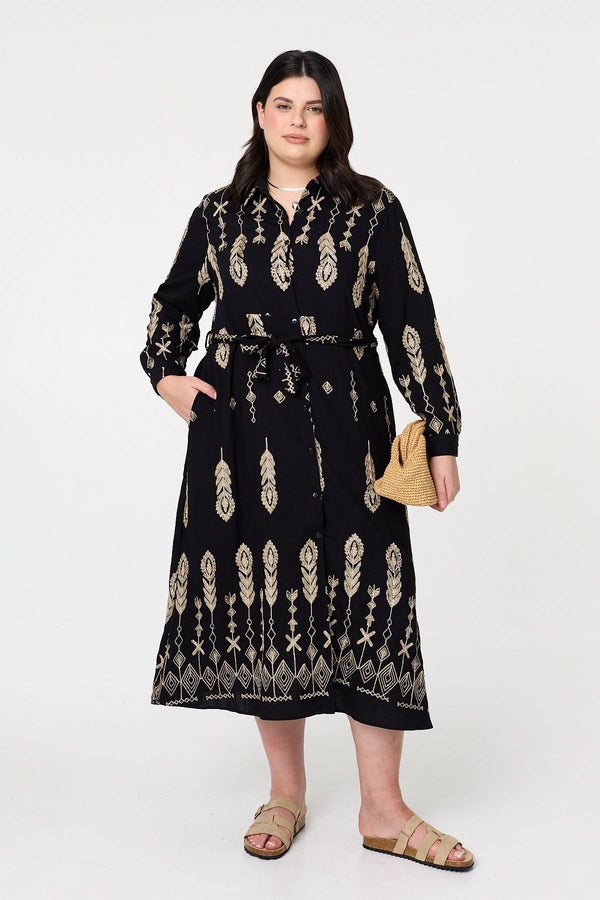 Black | Curve Embroidered Midi Shirt Dress