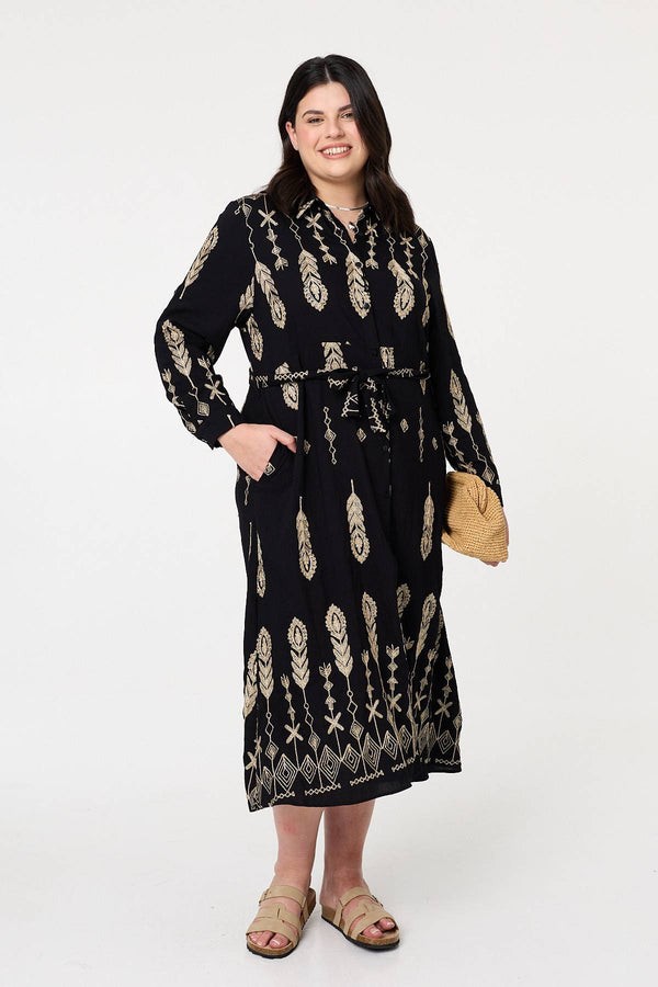 Black | Curve Embroidered Midi Shirt Dress