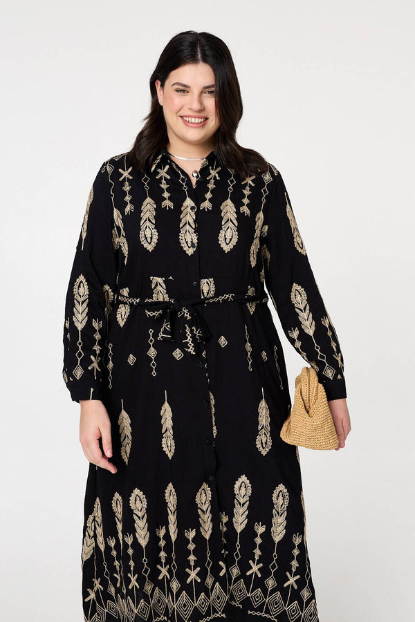 Black | Curve Embroidered Midi Shirt Dress