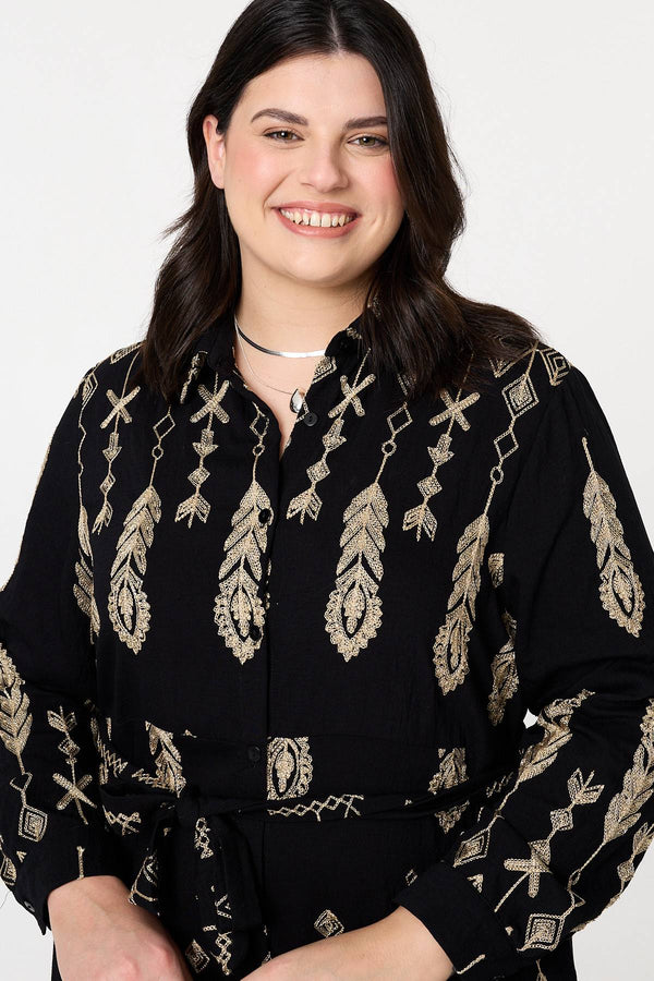 Black | Curve Embroidered Midi Shirt Dress