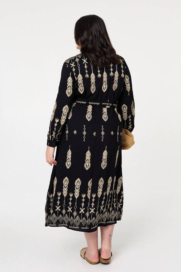 Black | Curve Embroidered Midi Shirt Dress