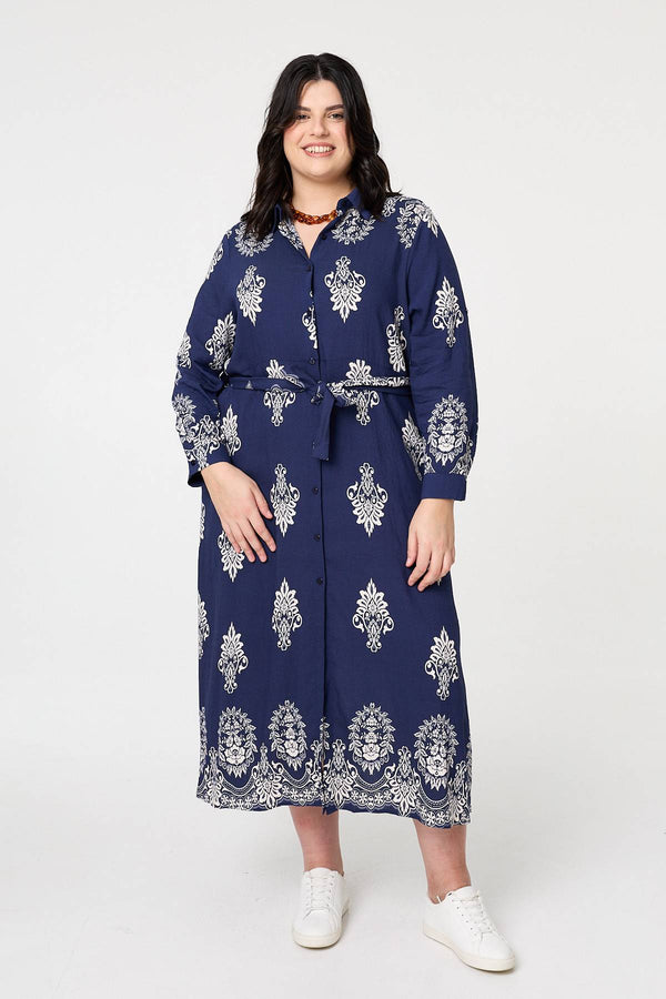 Navy | Curve Baroque Print Maxi Shirt Dress