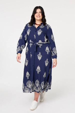 Navy | Curve Baroque Print Maxi Shirt Dress