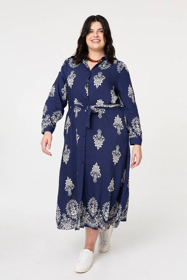 Navy | Curve Baroque Print Maxi Shirt Dress
